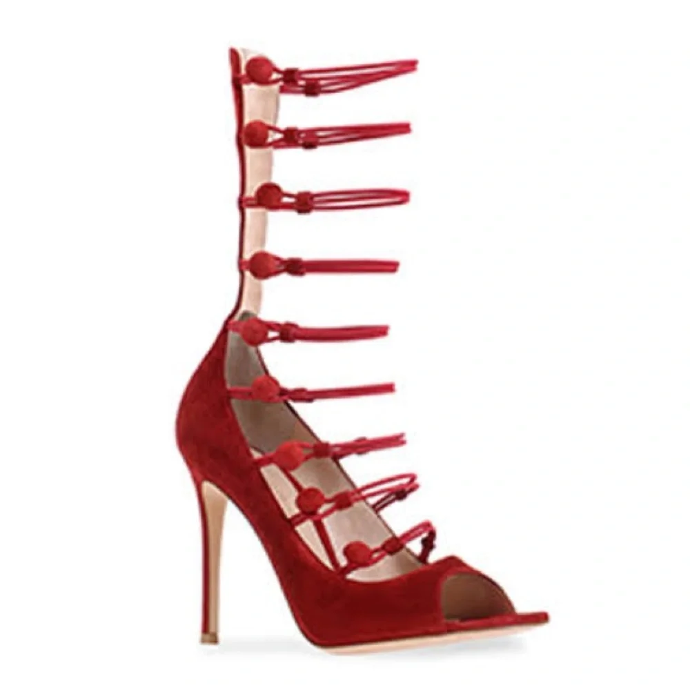 Gianvito Rossi Granata Suede Marquis Strappy Button Up Open Toe Heels (Size 38) - Picture 5 of 9